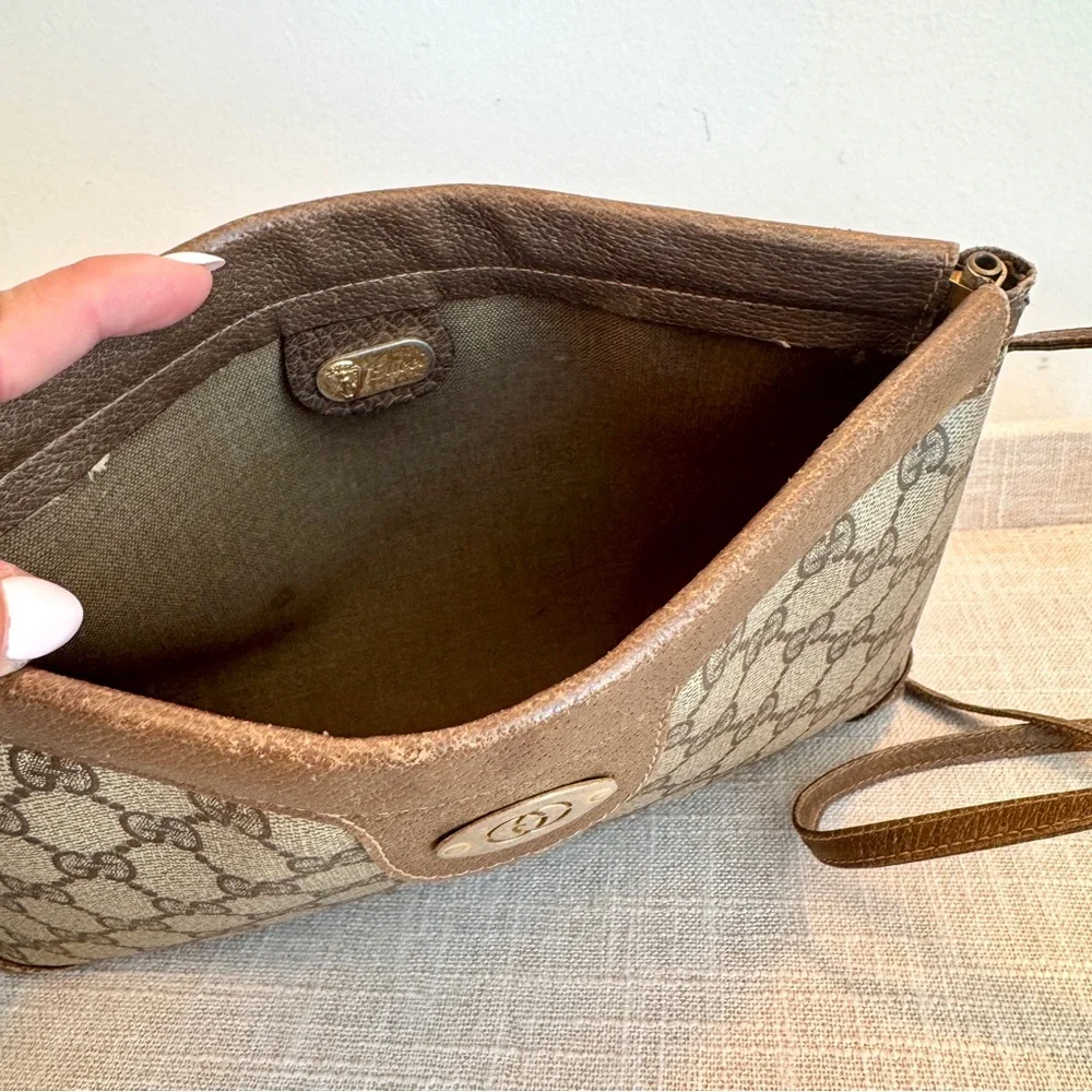 Gucci Vintage Crossbody Coated Canvas Shoulder Bag GG Monogram Leather Trim - Picture 12 of 17